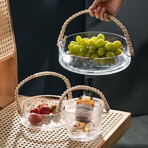 Glass Fruit Plate Living Room Home Creative European Style Bamboo and Rattan Handle Glass Wine Barrel Plate Fruit Basket