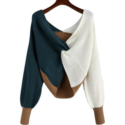 Twisted Pullovers Knitted Long Sleeve Sweater Loose Jumper Tops Autumn Women Sexy V Neck Cross Backless Colorblock Sweaters
