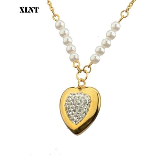 XLNT New Zircon Heart Pendants Necklaces For Women Trend Sweater Chain Choker Stainless Steel Jewelry