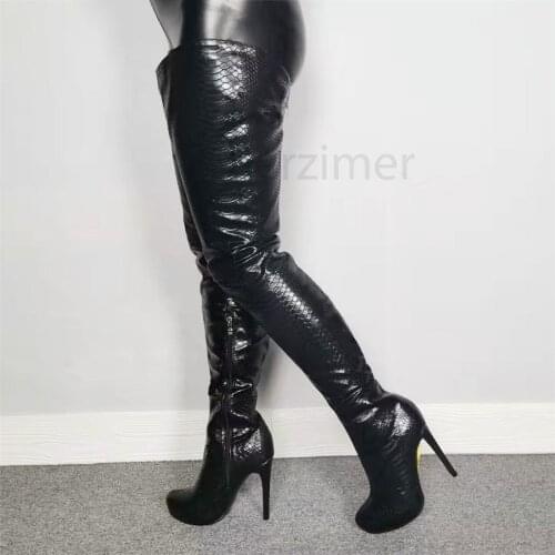 BERZIMER Women Thigh High Platform Boots Black Corcodile Heels Zapatos Mujer Black Shoes Woman Large Size 39 44 47