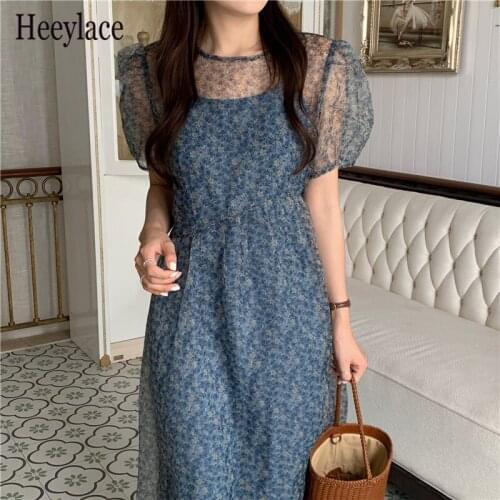 2021 Blue Florals Gentle Retro Summer Party Hot Femme Mesh Sweet Slim Prom Lady Elegant OL Loose Fashion Women Long Dresses
