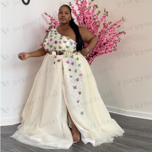 Plus Size One Shoulder Tulle Party Dress 2022 Fashion Split Womens Formal Dress Evening Gowns Zipper Back Sweep Train