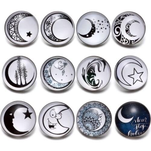 12pcs/lot Black&White Theme Moon & Fairy Pattern 18mm Snap Button Charms For 18mm Snaps Bracelet Snap Jewelry KZ0632