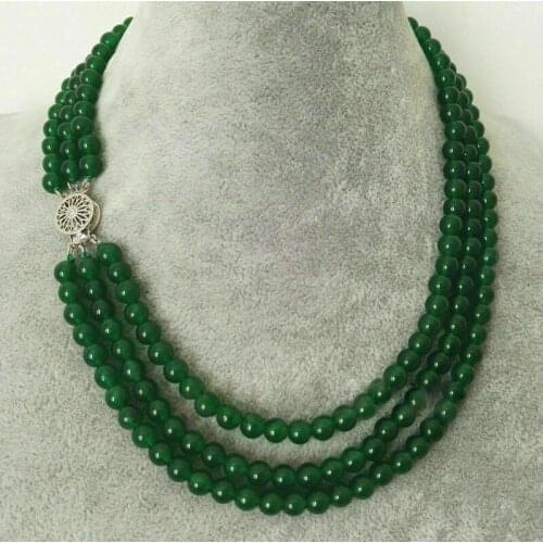 3 Rows 6mm Natural Green Jade Round Gemstone Beads silver clasp Necklace 17-19''Necklaces