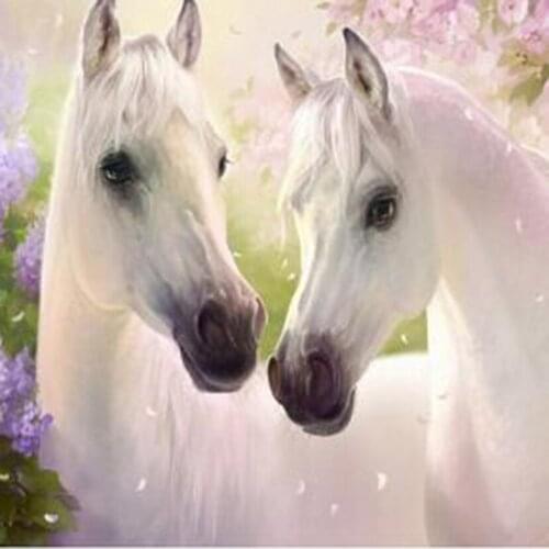 5D DIY Diamond Painting Animal Painting Double White Horse Scenery Picture Square/Round Diamond Cross Stitch Decorative WG3121