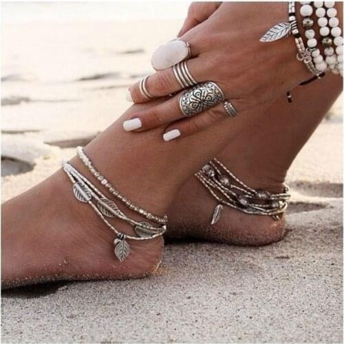 2018 Boho Leaf Anklet Vintage Ankle Bracelet For Women Fish Beads Foot Jewelry Summer Barefoot Beach tornozeleira