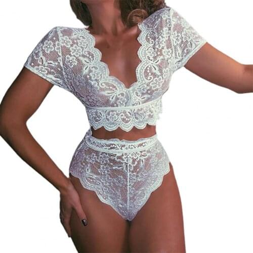 2Pcs Women Charming Bra Panty V Neck Skin-friendly Crop Tops Panty Attractive Lace Floral Bra Panty Suit for Honeymoon