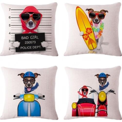 Decorative Dog Cushion Pillows Cartoon Motorbike Surf Dogs Print Cotton Linen Sofa Cushion Trendy Design