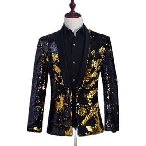 Mens Sequined Gold Blazer Black Stage Costumes Performance Suit Jacket Nightclub Dress Bar DJ Singer Host Trendy Coat Top