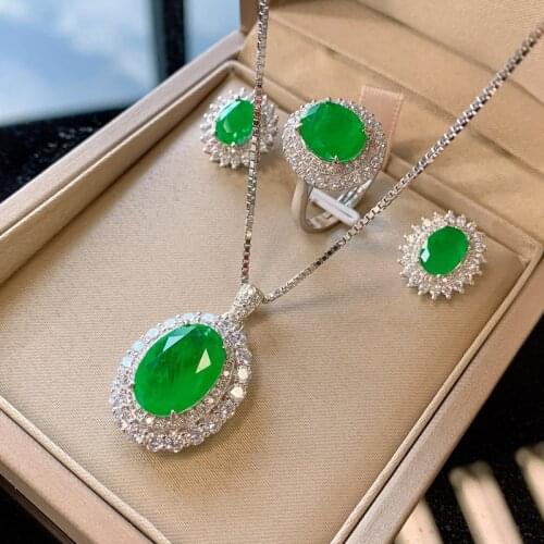 925 Sterling Silver Elerald Paraiba Tourmaline Ring Earring Necklace Set Bridal Wedding Engagement Jewelry Sets Fine Jewelry