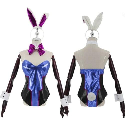DVA Cosplay Costume Blue Leather Jumpsuit Cute Bunny Girl Backless Bodysuit with Rabbit Tail Halloween Suit Dropship