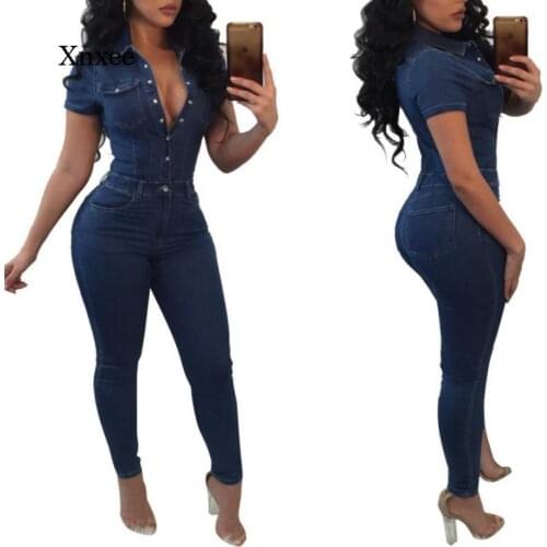 Summer Casual Womens Fashion Blue Denim Jumpsuit Slim Short-Sleeved Pencil Jeans Skinny Denim Jumpsuit
