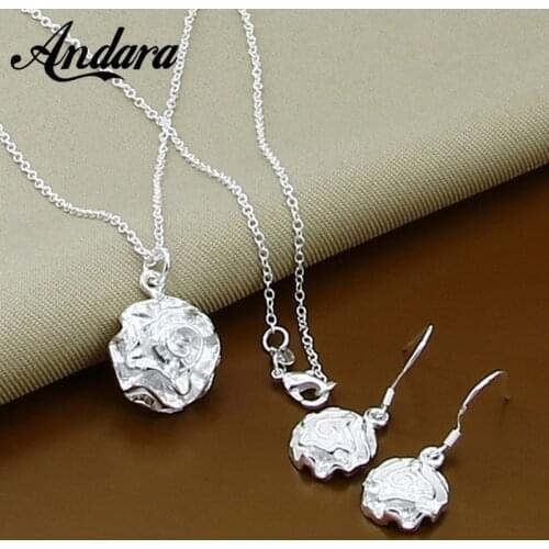 Jewelry Set Delicate 925 Sterling Silver Plant Flower Earring Necklace Set for Women Girl Valentines Day Gift