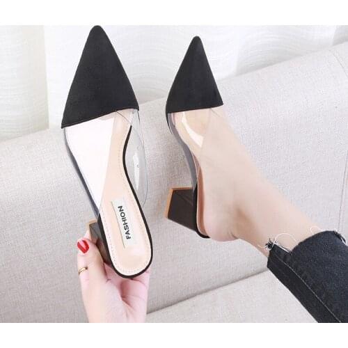 2020New Summer Slippers Women Shoes Woman Mules Transparent Fashion Pointed Toe Flock Square High Heels Slides Sexy Ladies Shoes