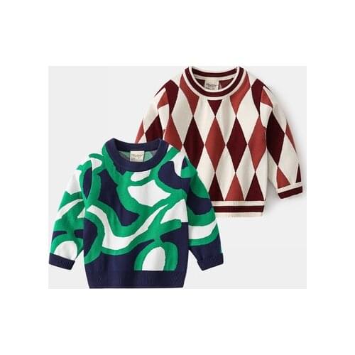 2021 Autumn Boy Sweater Retro Rhombus Geometric Hedging O-neck Sweaters Kids Casual Fashion Warm College Style Knitting Sweater