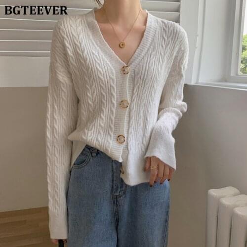 BGTEEVER Casual V-neck Twisted Striped Sweaters Tops for Women 2021 Autumn Loose Single-breasted Female Solid Knitted Cardigans