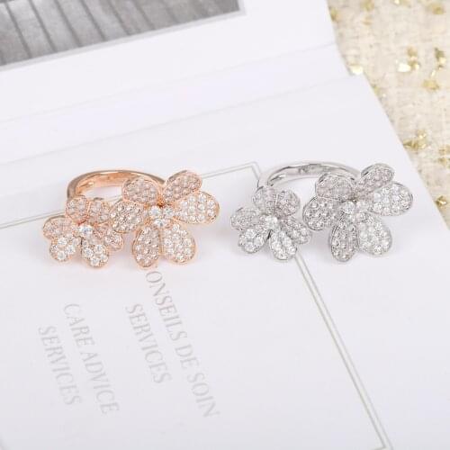 Hot Sale Famous Brand Party Luxury Jewelry For Women Pure 925 Sliver Full Zicons Rose Gold Color Double Flowers Adjustable Rings