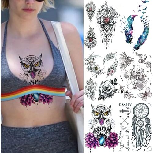 Sexy Diamond Rose Owl Temporary Tattoos For Women Female Rose Dream Catcher Fake Jewelry Tattoo Sticker Body Art Tatoos Gem