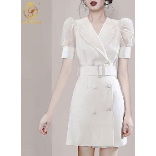 SMTHMA 2021 New Fashion Summer Womens Puff Short Sleeve White Dress Ladies Temperament Double-Breasted Suit Dresses Vestidos
