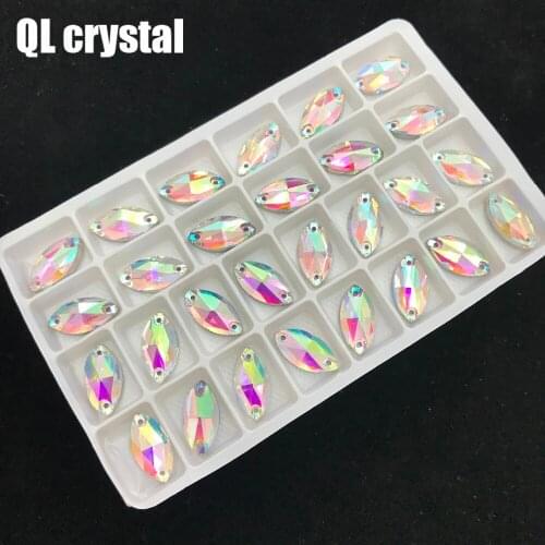 Glass Crystal Navette Sew on Rhinestones Pure AB Crystal Flatback Marquise Sew on stone for DIY clothing bags shose etc