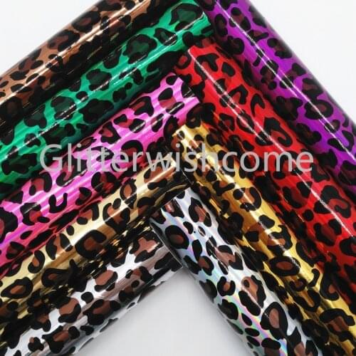 Glitterwishcome 21X29CM A4 Size Vinyl For Bows Iridescent Printed Leopard Leather Fabirc Faux Leather Sheets for Bows, GM5078A