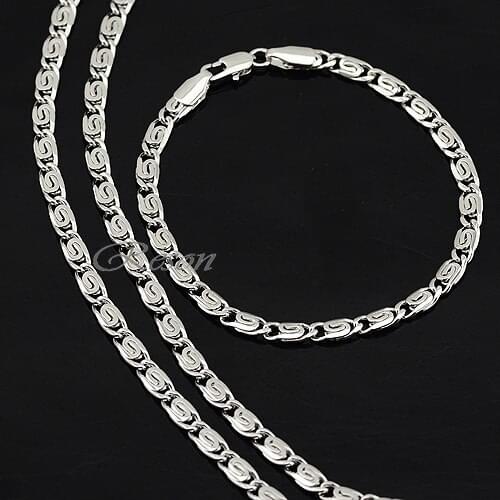 1 Set 4.5mm Mens Unisex Boys Jewelry White Gold Color Link Snail Bracelet Necklace Sets Wholesale Jewelry