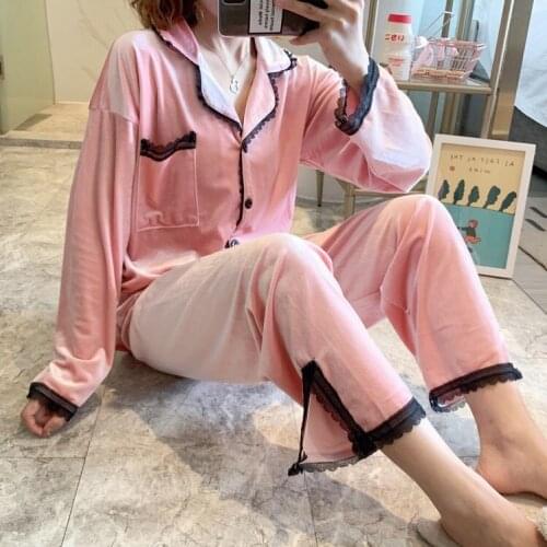 Womens Autumn Winter Pleuche Homewear Pajamas Thickened Lace Suit Thick Warmth Sweet and Soft Women Pajamas Pajama Set Women