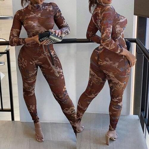 Womens Jumpsuit See Through Oil Painting Crew Neck Long Sleeve One-piece Garment Brown Zipper