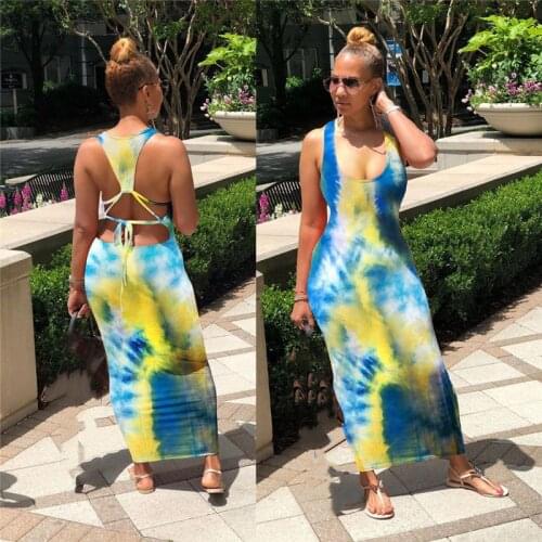 Tie Dyeing Print Backless Dress 2021 New Fashion Women Sleeveless Tank Long Maxi Dress Bodycon Summer Soft Party Dress Sundress