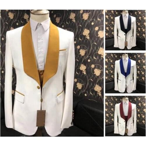 2021 Custom Classic White formal wedding suits men 3 piece Male groom tuxedos yellow golden Shawl collar man casual party Blazer