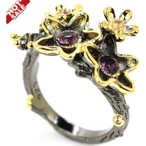 27x17mm Ethnic Flower Jewel Ring for Women Dangle Hollow Out Olivine Created Amethyst Gothic Black Gold Silver Rings