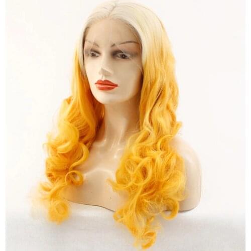 White Ombre Orange Yellow Color Long Wavy Glueless Synthetic Lace Front Wig Heat Resistant Half Hand Tied Lace Wigs For Women