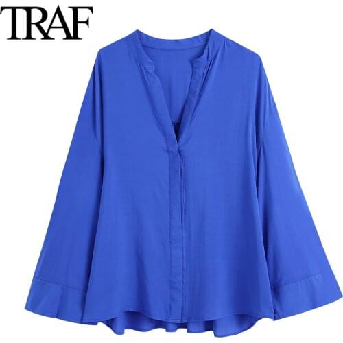 Traf Za Women Fashion Blue V-neck Loose Button Up Shirts Long Sleeve Blouses Chic Office Ladies Tops Mujer