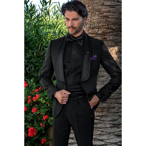 Custom Made Black Men Suits 2 Pieces Set Shawl Lapel Formal Groom Wear Tuxedos For Wedding Bridegroom Prom Blazers costume homme