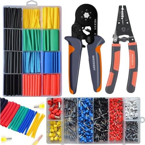Ferrule Crimping Tool Kit，Self-Adjustable Ratchet Crimping Pliers Wire Stripper Plier， 1200PCS Terminals 530pcs Heat Shrink Tube