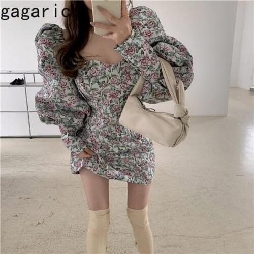 Gagarich Women Dress 2021 Spring Autumn French Vintage Sweet Temperament Girls Sexy Tube Top Floral Printed Puff Sleeve Vestidos