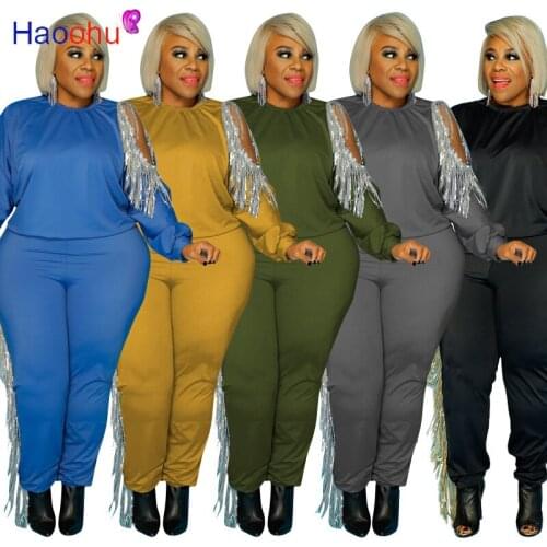 HAOOHU Plus Size Tassels 5XL Women Set Two Pieces Sets Tracksuit Long SLeeve Tee Tops Jogger Sweatpant Suit Outfit Matching Set