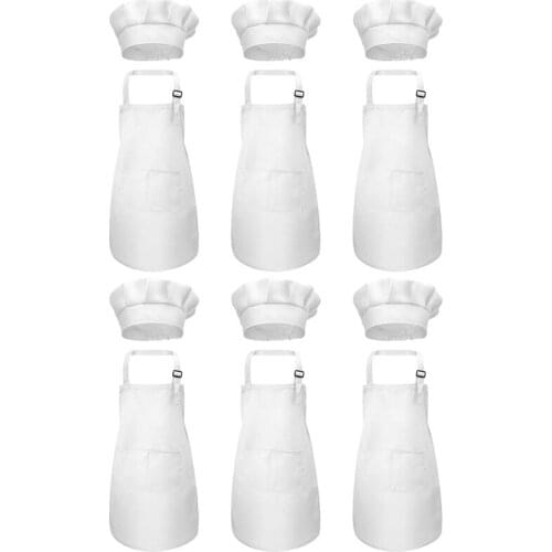 Hot 12-Piece Apron and Chef Hat Set, Adjustable Childrens Apron with Pockets (White, Suitable for 2-6 Year Old S)