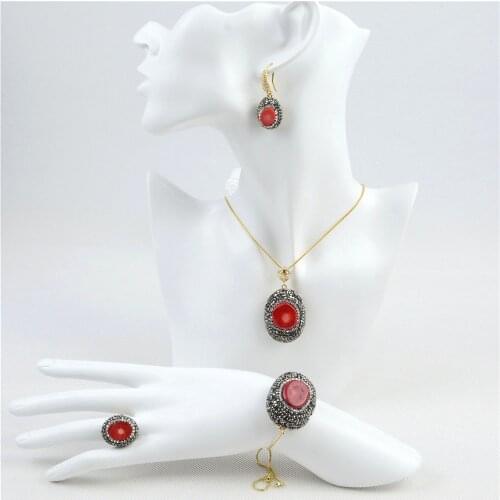 4pcs Fashion Red Stone Zircon Jewelry Set Necklace Pendant Earrings Adjustable Bracelet Ring For Women Costume Party Accessories