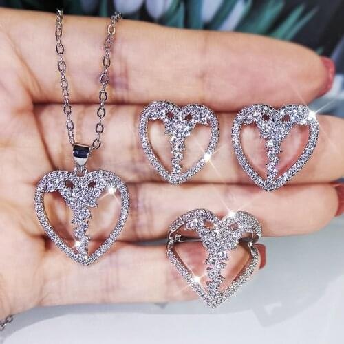 2021 New AAAA Zircon Love Heart Shape Necklace Ring Earring Three-piece Fashion Wedding Bridal Jewelry Jewelry Set