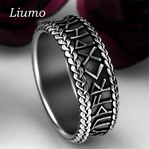 Liumo Vintage Nordic Viking Rune Men Wedding Bands Alloy Biker Ring Lr1157