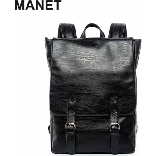 MANET Japanese Style Pu Outdoor Simple Retro Square Bags Black All-match Backpacks Soft Leather Large Capacity Mens Travel Bags