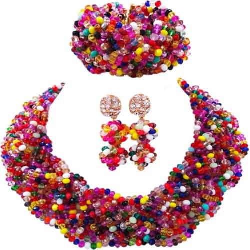 Fashion Multicolors Costume Jewelry Set for Women African Wedding Beads Crystal Braid Party Necklace Earrings Sets 12BZ03