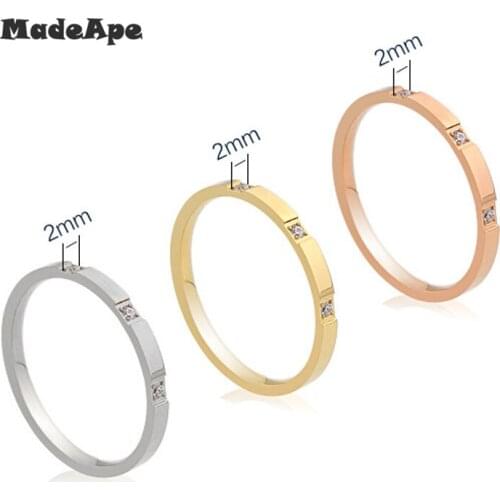 MadApe Fashion 2mm Width Titanium Steel Women Zircon Ring Stainless Steel Simple Couple Ring For Women Men Wedding Ring