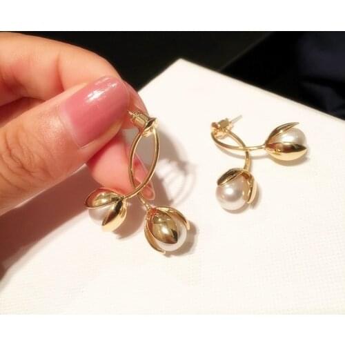Front And Back Flower Pearl Earrings Temperament New Fashion Jewelry Simple Personality Pendientes Gifts