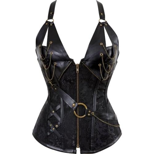 Sexy pu leather gothic punk corset steampunk corsets and bustiers halter plus size corset zip burlesque basque costume