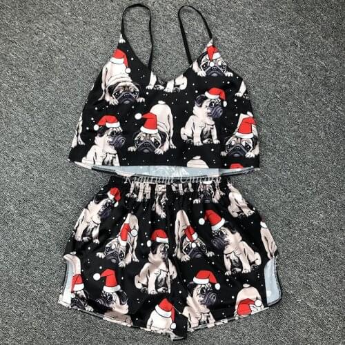 Dog Unicorn Ladies Pajama Set Cute Print Sleepwear Silk V Neck Sexy Pijama Satin Night Home Suits Wear Sleeveless Top And Shorts