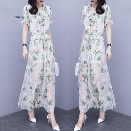 Floral Chiffon Culottes Trouser Suit Women Summer Style Short Sleeve 2-Piece Set Lace-Up Waist Ruched V-Neck Blouse Prairie Chic