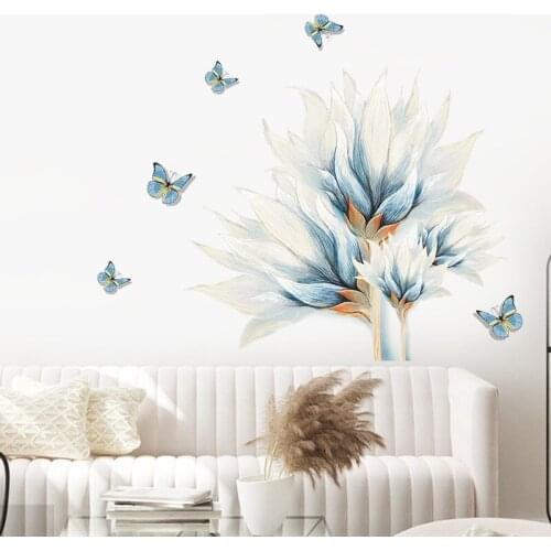 Blue Watercolor Flowers 3D Wall Stickers Living Room Sofa Backdrop Wall Decoration Bedroom Decor Aesthetic Wallpaper