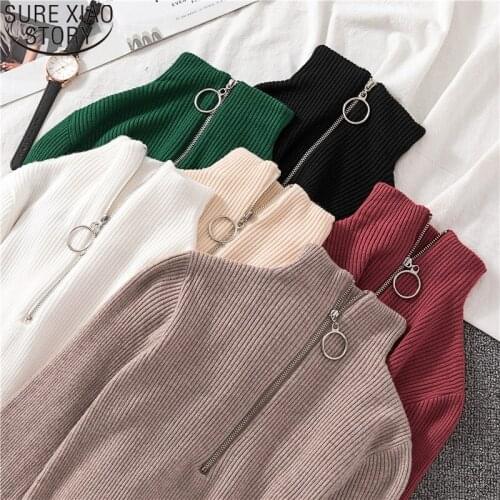 Autumn and Winter Turtleneck Sweater Pullover Women Fashion Zipper Solid 6 Colors All-match Long Sleeve Knitted Sweater 11260